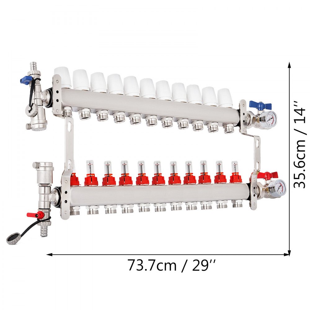 Colector De Suelo Radiante 11 Sucursales Tubería Pex 1/2 " Acero Inoxidable