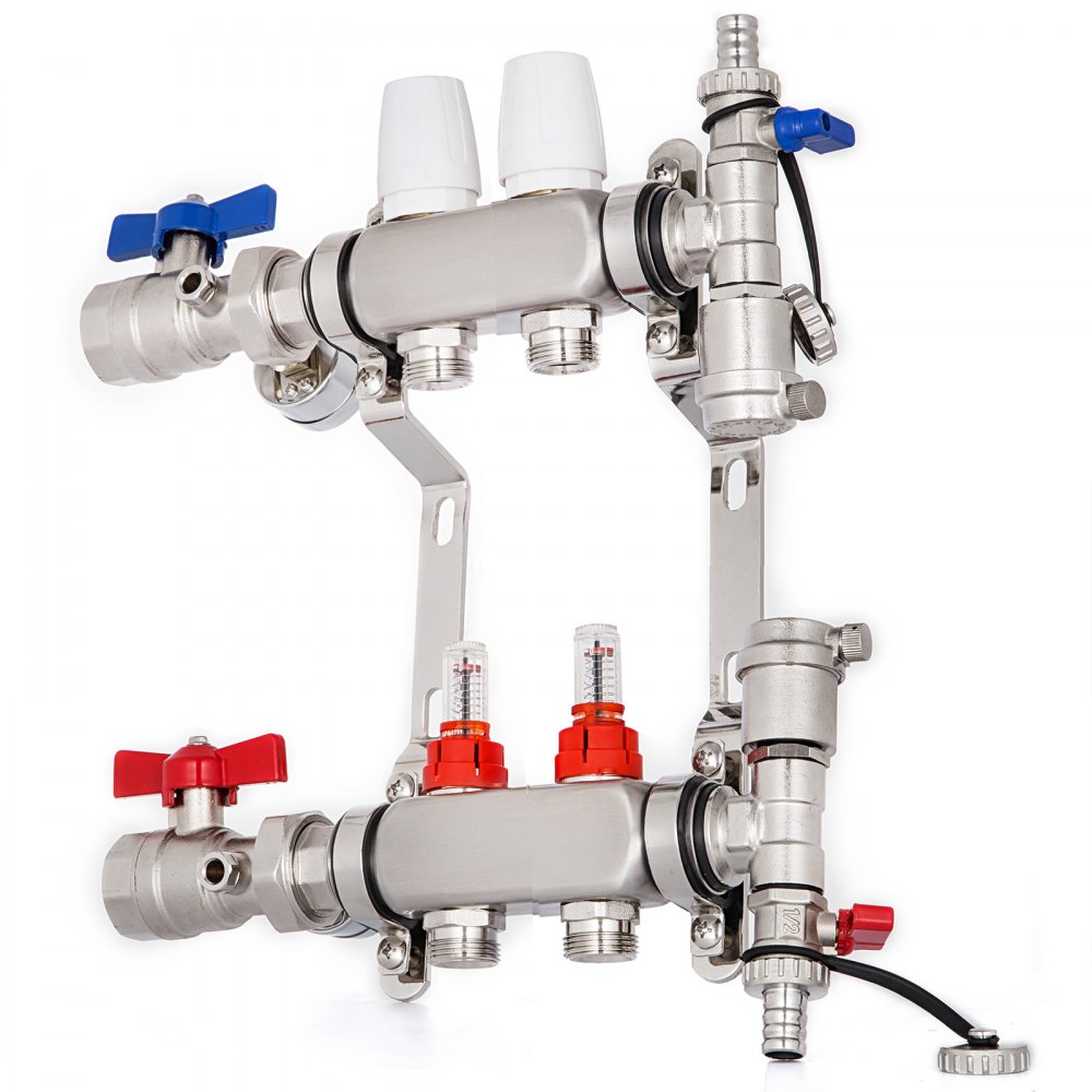 VEVOR Distribuidor de Circuito de Calefacción, 2 Interfaces, 1,4 GPM Cada Uno Conjunto de Calefacción, Acero Inoxidable Distribuidor de Calefacción por Suelo Compatible con Cualquier Tipo de Tubo PEX