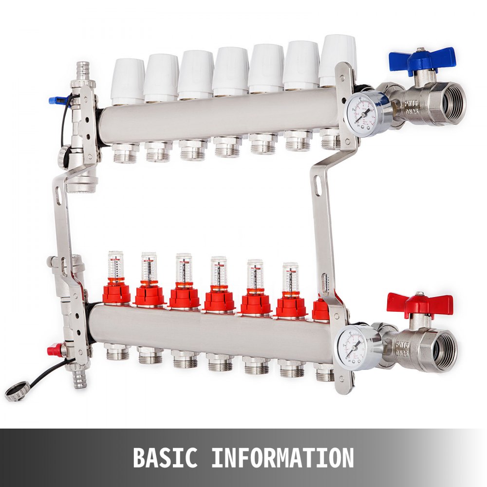 VEVOR Distribuidor de circuito de calefacción 7 Circuitos de calefacción Conjunto de calefacción de acero inoxidable Distribuidor de circuito de calefacción