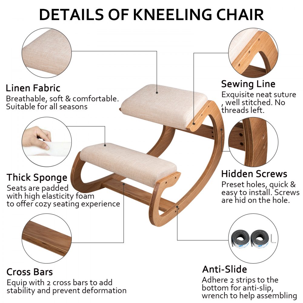 VEVOR Silla Arrodillada Ergonómica Capacidad de Carga 80 kg Taburete Madera Corrección de Postura Oscilante Casa Grande Home Office o Silla de Escritorio, Cojines para Las Rodillas, Color Blanco