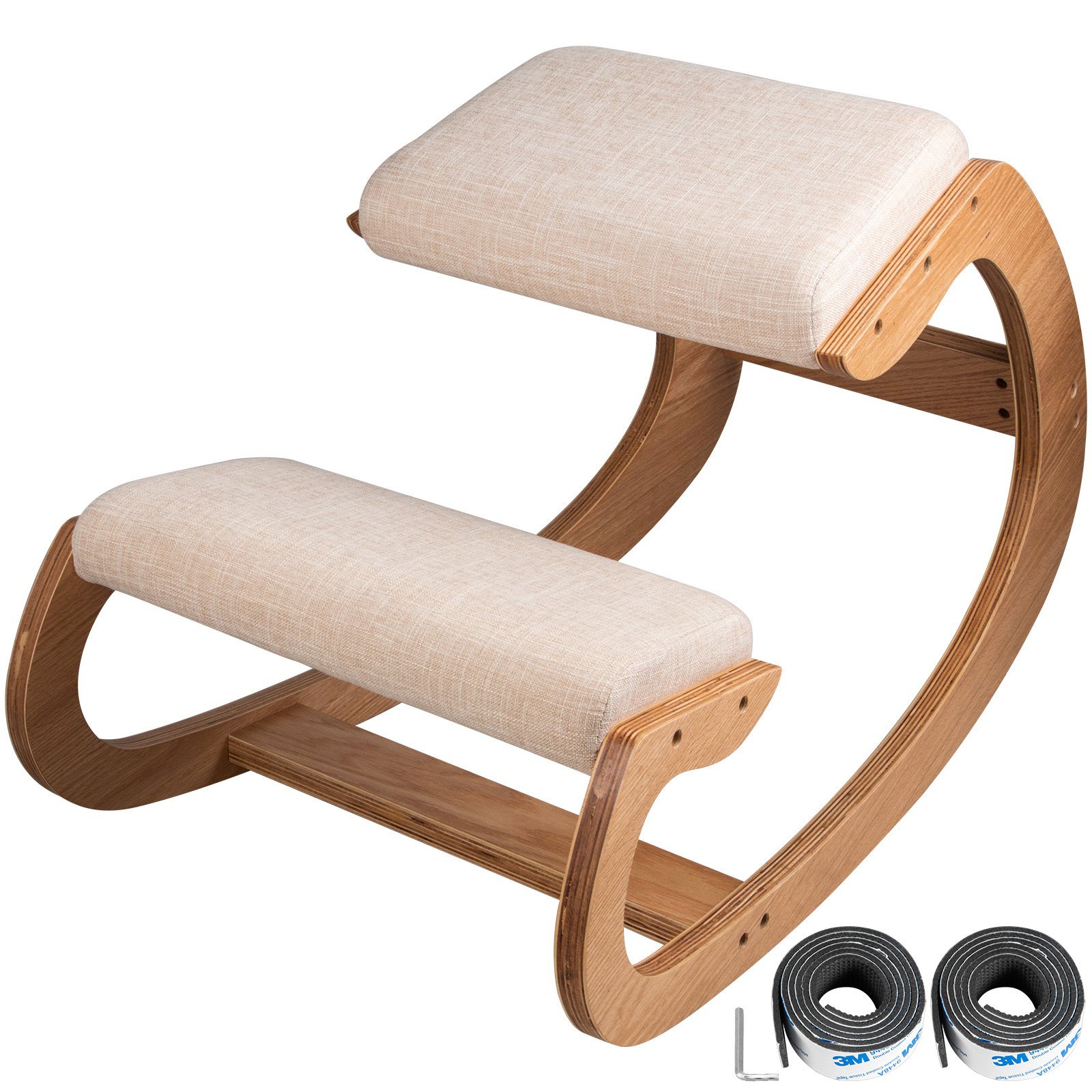 VEVOR Silla Arrodillada Ergonómica Capacidad de Carga 80 kg Taburete Madera Corrección de Postura Oscilante Casa Grande Home Office o Silla de Escritorio, Cojines para Las Rodillas, Color Blanco