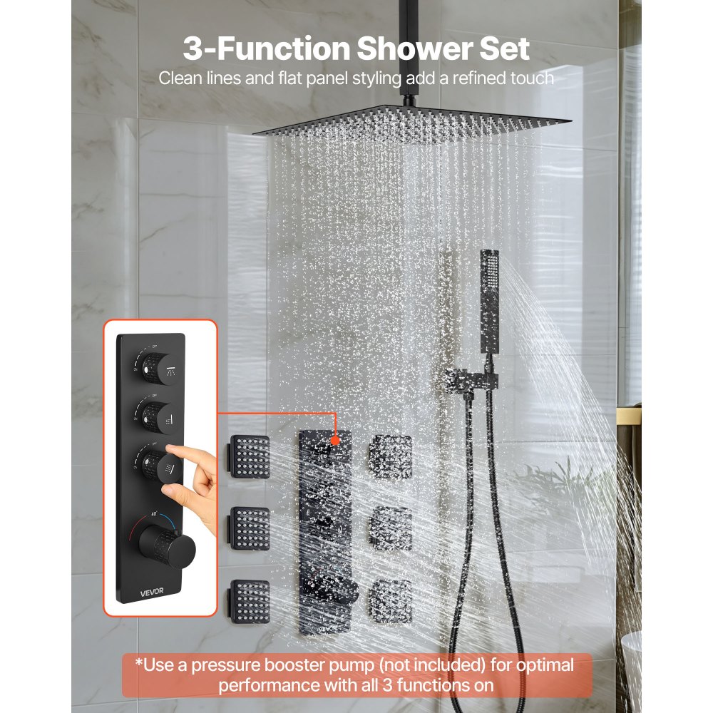 VEVOR Shower Faucet Set, 406 mm Thermostatic Ceiling Mount Rainfall Shower System with 6 Body Jets and Handheld Spray, Rotatable 3-Function Rain Head Complete Brass Valve and Trim Kit, Matte Black