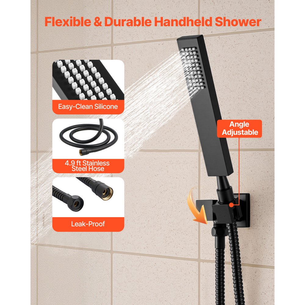 VEVOR Shower Faucet Set, 406 mm Thermostatic Ceiling Mount Rainfall Shower System with 6 Body Jets and Handheld Spray, Rotatable 3-Function Rain Head Complete Brass Valve and Trim Kit, Matte Black