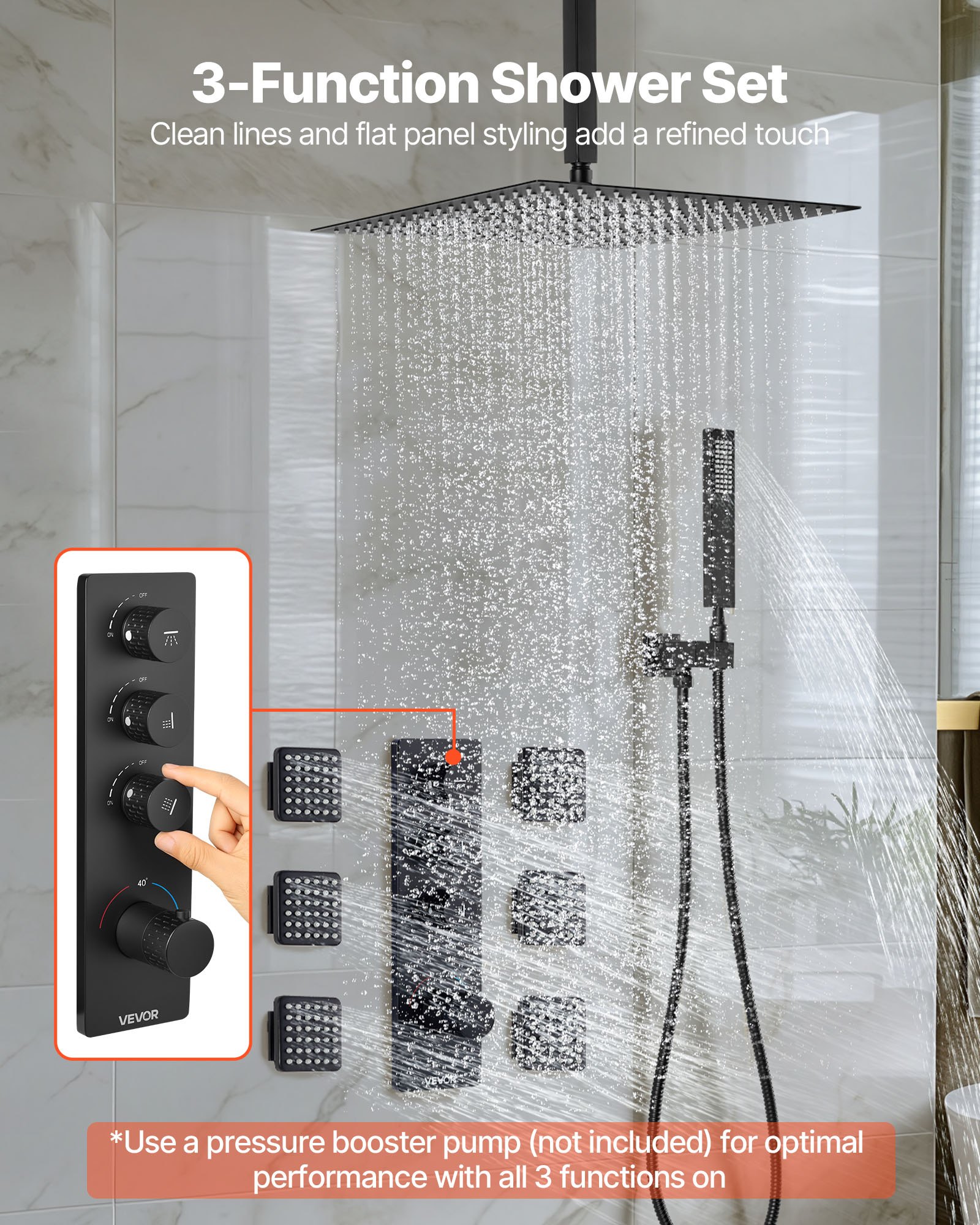 VEVOR Shower Faucet Set, 406 mm Thermostatic Ceiling Mount Rainfall Shower System with 6 Body Jets and Handheld Spray, Rotatable 3-Function Rain Head Complete Brass Valve and Trim Kit, Matte Black