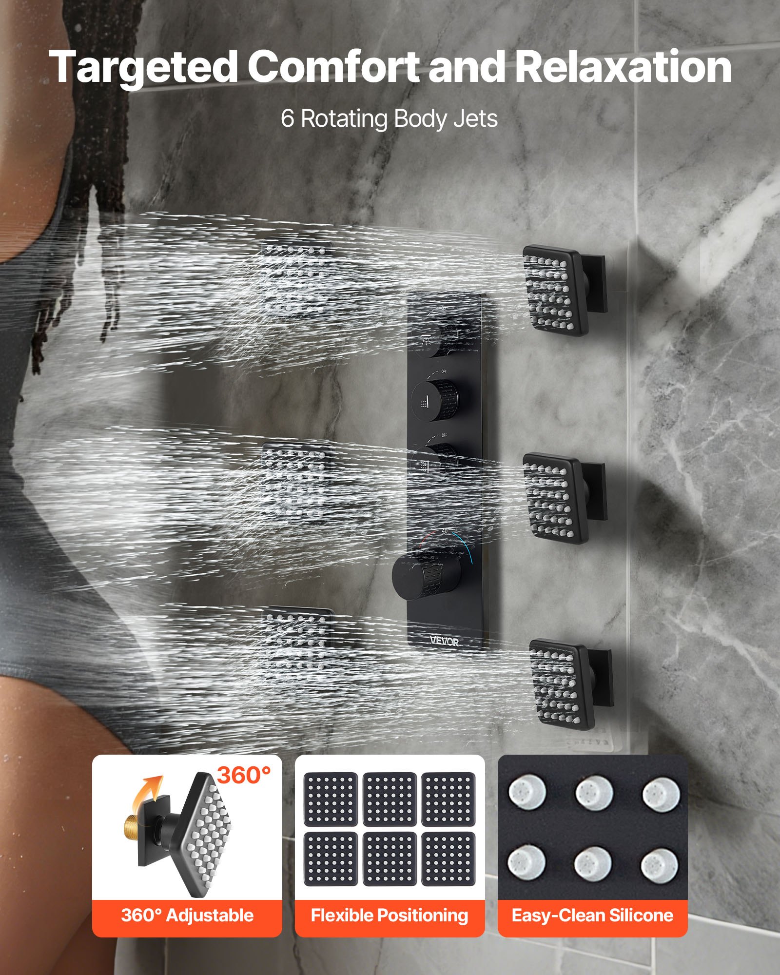 VEVOR Shower Faucet Set, 406 mm Thermostatic Ceiling Mount Rainfall Shower System with 6 Body Jets and Handheld Spray, Rotatable 3-Function Rain Head Complete Brass Valve and Trim Kit, Matte Black