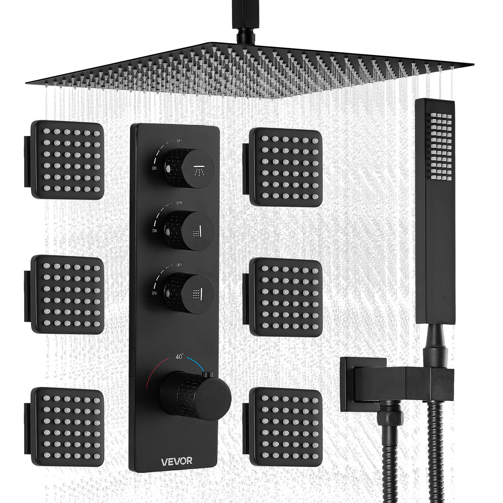 VEVOR Shower Faucet Set, 406 mm Thermostatic Ceiling Mount Rainfall Shower System with 6 Body Jets and Handheld Spray, Rotatable 3-Function Rain Head Complete Brass Valve and Trim Kit, Matte Black
