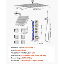 VEVOR Sistema de Ducha, con Ducha de Lluvia 40 cm, Cabezal de Pared 15 cm, 6 Rociadores, Cabezal de Lluvia Doble, Kit de Válvula de Latón, Níquel Cepillado, para Experiencia Corporal Completa