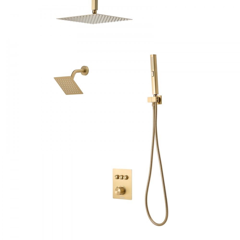 VEVOR Sistema de Grifería, con Ducha de Lluvia de 30 cm, Cabezal de Pared de 15 cm, Ducha de Mano 2 en 1, Cabezal de Lluvia Doble Giratorio, Válvula de Latón y Kit de Embellecedor, Oro Cepillado