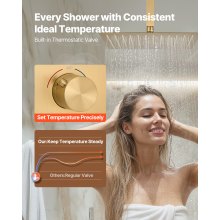 VEVOR Sistema de Grifería, con Ducha de Lluvia de 30 cm, Cabezal de Pared de 15 cm, Ducha de Mano 2 en 1, Cabezal de Lluvia Doble Giratorio, Válvula de Latón y Kit de Embellecedor, Oro Cepillado