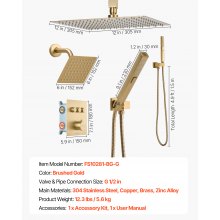 VEVOR Sistema de Grifería, con Ducha de Lluvia de 30 cm, Cabezal de Pared de 15 cm, Ducha de Mano 2 en 1, Cabezal de Lluvia Doble Giratorio, Válvula de Latón y Kit de Embellecedor, Oro Cepillado