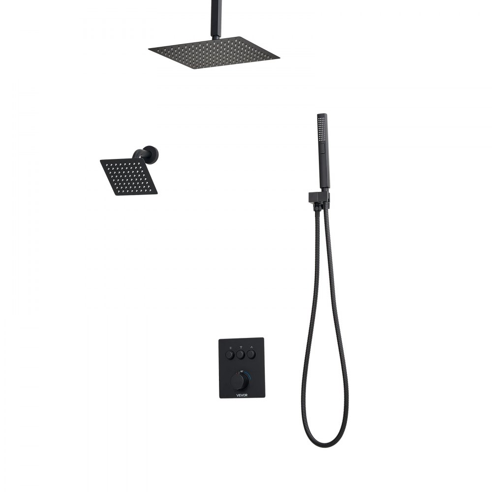 VEVOR Shower Faucet Set, 305 mm Thermostatic Ceiling Mount Rainfall Shower System with 152 mm Wall Mount Head and 2 in 1 Handheld Spray, 3-Function Dual Rain Head Brass Valve & Trim Kit, Matte Black