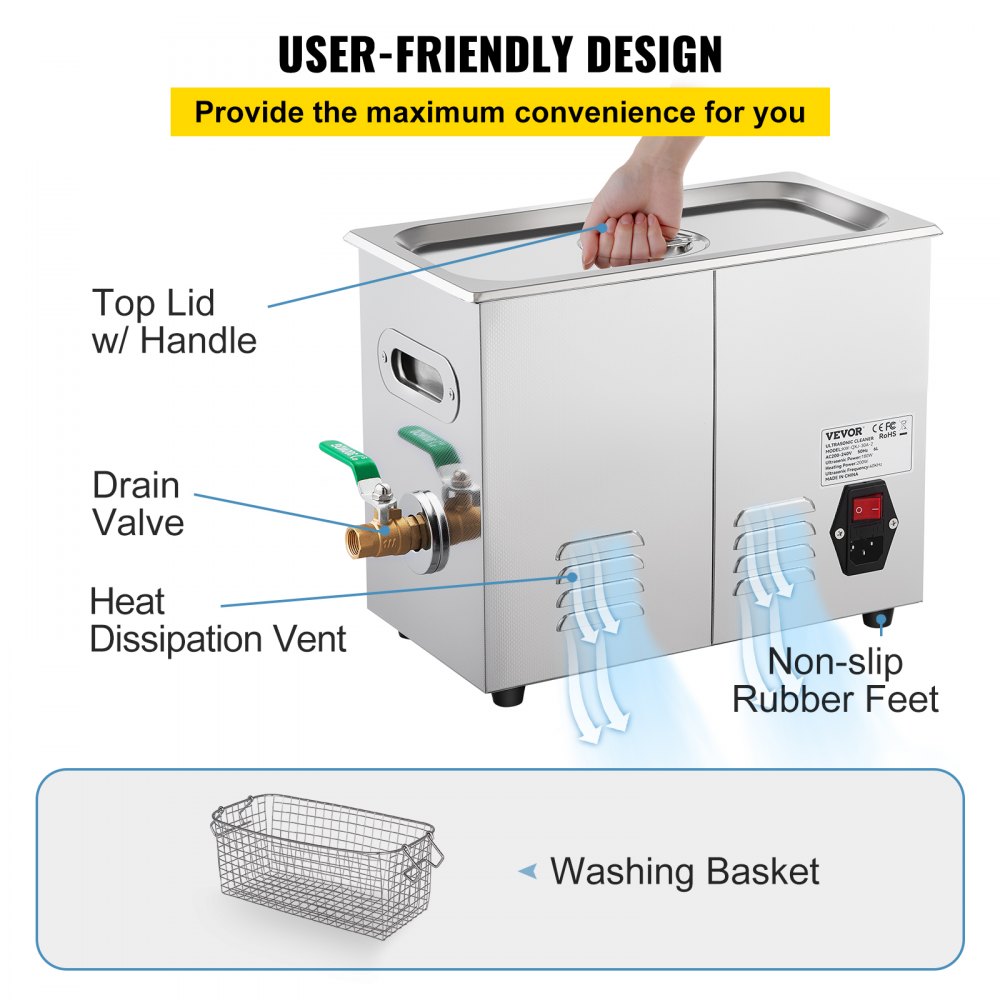 VEVOR Limpiador Ultrasónico Digital 10 L, Máquina de Limpieza de Joyas 240 W, Acero Inoxidable SUS 304 Limpiador Ultrasónico Profesional 36 KHz ~ 40 KHz con 4 Transductores Avanzados para Industria