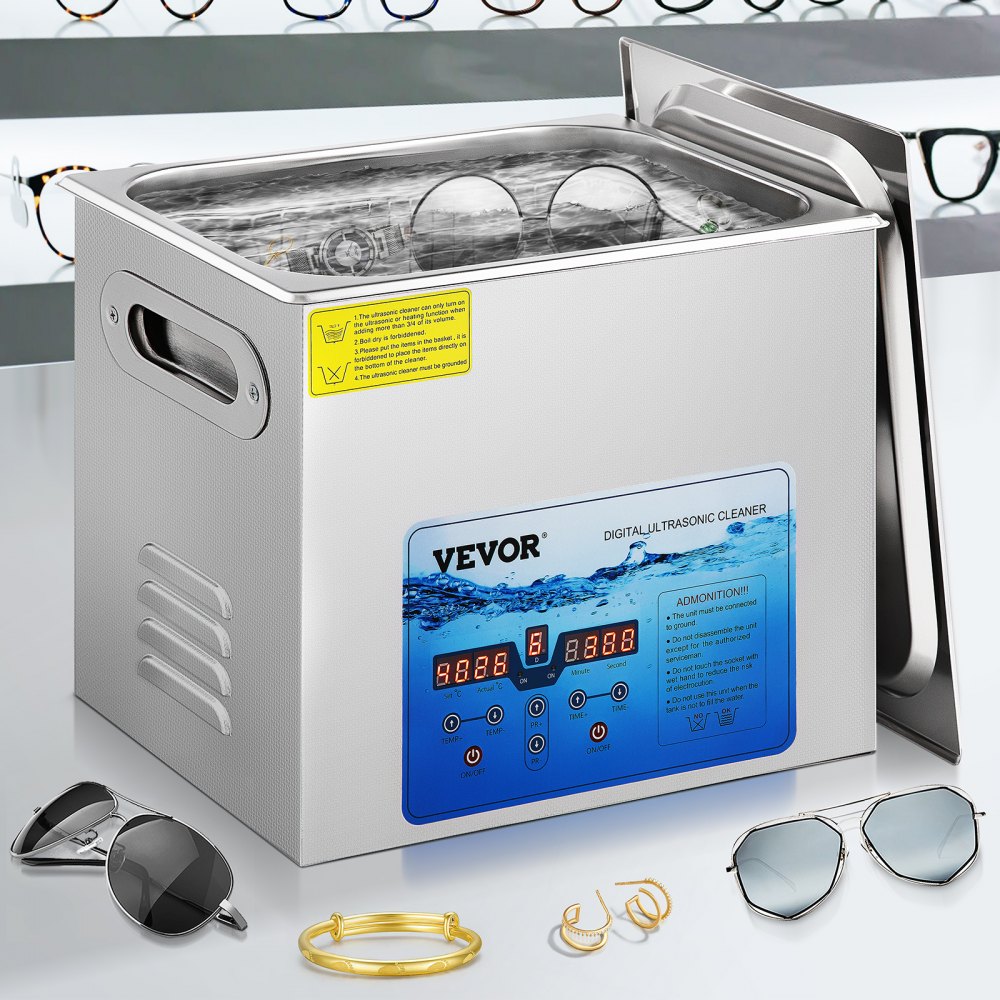 VEVOR Limpiador Ultrasónico Digital 10 L, Máquina de Limpieza de Joyas 240 W, Acero Inoxidable SUS 304 Limpiador Ultrasónico Profesional 36 KHz ~ 40 KHz con 4 Transductores Avanzados para Industria