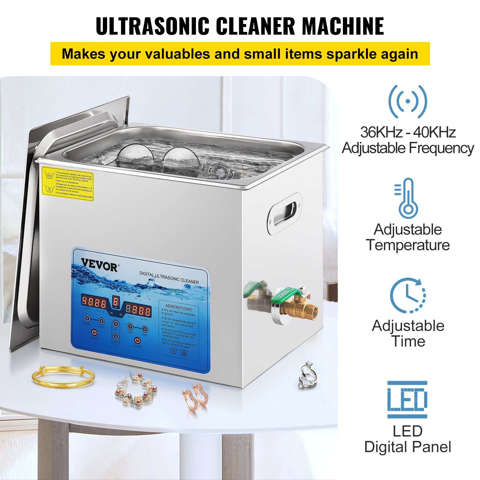 VEVOR Limpiador Ultrasónico Digital 10 L, Máquina de Limpieza de Joyas 240 W, Acero Inoxidable SUS 304 Limpiador Ultrasónico Profesional 36 KHz ~ 40 KHz con 4 Transductores Avanzados para Industria