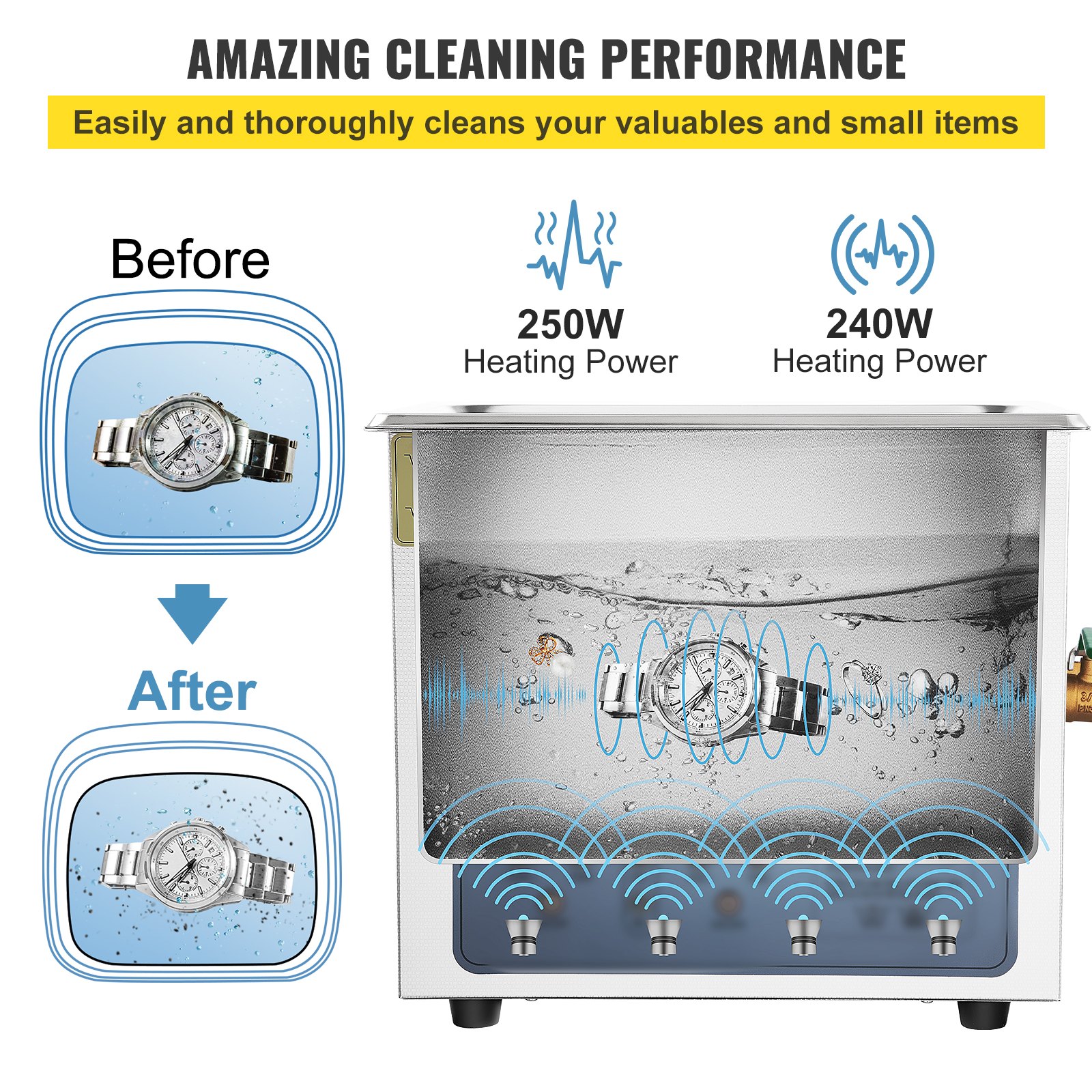 VEVOR Limpiador Ultrasónico Digital 10 L, Máquina de Limpieza de Joyas 240 W, Acero Inoxidable SUS 304 Limpiador Ultrasónico Profesional 36 KHz ~ 40 KHz con 4 Transductores Avanzados para Industria