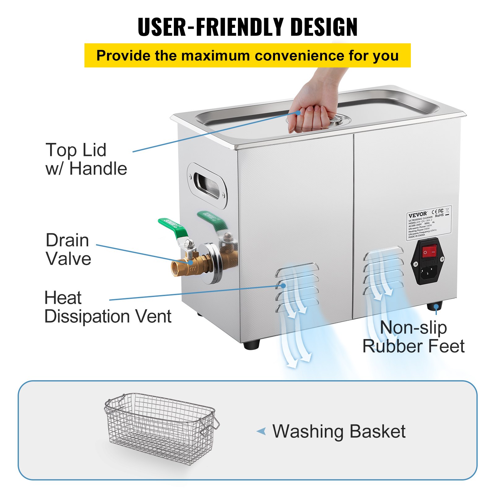 VEVOR Limpiador Ultrasónico Digital 10 L, Máquina de Limpieza de Joyas 240 W, Acero Inoxidable SUS 304 Limpiador Ultrasónico Profesional 36 KHz ~ 40 KHz con 4 Transductores Avanzados para Industria