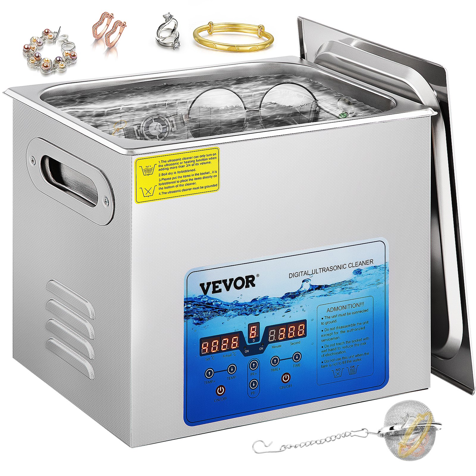 VEVOR Limpiador Ultrasónico Digital 10 L, Máquina de Limpieza de Joyas 240 W, Acero Inoxidable SUS 304 Limpiador Ultrasónico Profesional 36 KHz ~ 40 KHz con 4 Transductores Avanzados para Industria