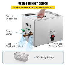 VEVOR Limpiador Ultrasónico Digital 15 L, Máquina de Limpieza de Joyas 360 W, Acero Inoxidable SUS 304 Limpiador Ultrasónico Profesional 36 KHz ~ 40 KHz con 6 Transductores Avanzados para Industria