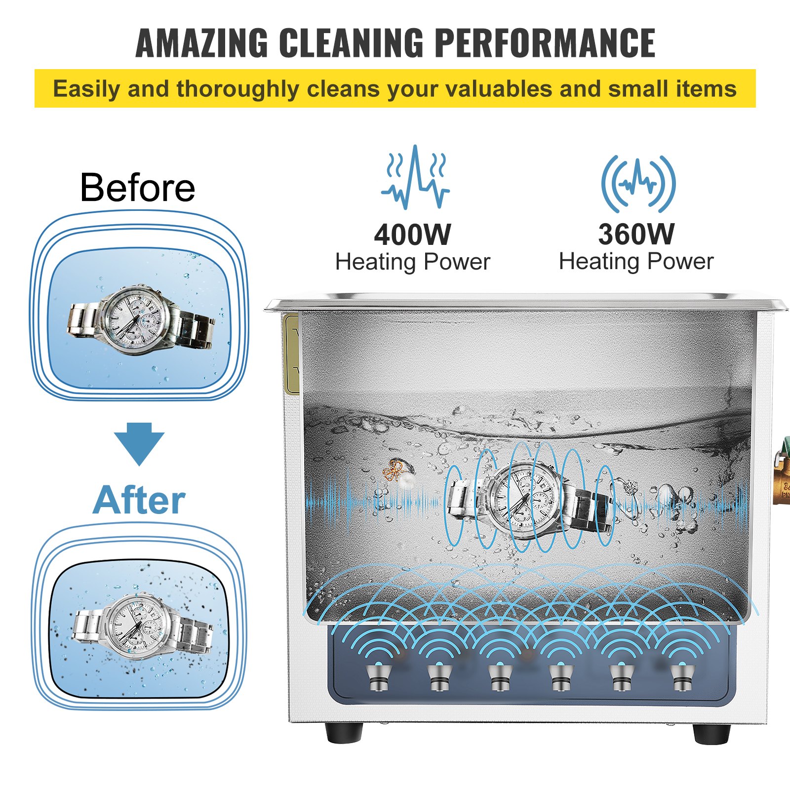 VEVOR Limpiador Ultrasónico Digital 15 L, Máquina de Limpieza de Joyas 360 W, Acero Inoxidable SUS 304 Limpiador Ultrasónico Profesional 36 KHz ~ 40 KHz con 6 Transductores Avanzados para Industria
