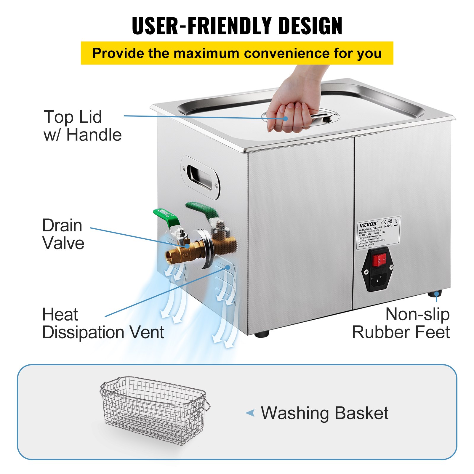VEVOR Limpiador Ultrasónico Digital 15 L, Máquina de Limpieza de Joyas 360 W, Acero Inoxidable SUS 304 Limpiador Ultrasónico Profesional 36 KHz ~ 40 KHz con 6 Transductores Avanzados para Industria