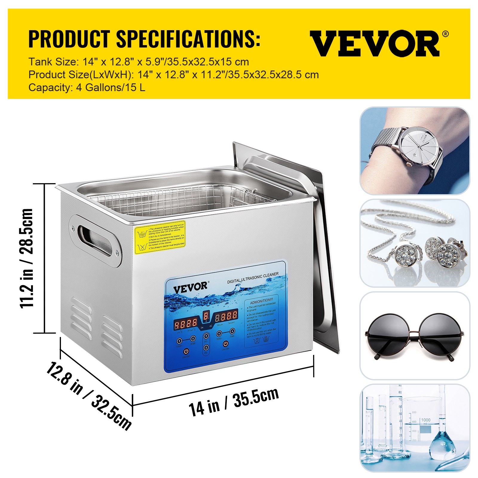 VEVOR Limpiador Ultrasónico Digital 15 L, Máquina de Limpieza de Joyas 360 W, Acero Inoxidable SUS 304 Limpiador Ultrasónico Profesional 36 KHz ~ 40 KHz con 6 Transductores Avanzados para Industria
