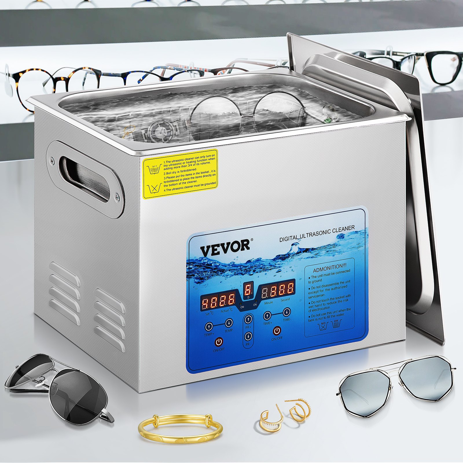 VEVOR Limpiador Ultrasónico Digital 15 L, Máquina de Limpieza de Joyas 360 W, Acero Inoxidable SUS 304 Limpiador Ultrasónico Profesional 36 KHz ~ 40 KHz con 6 Transductores Avanzados para Industria