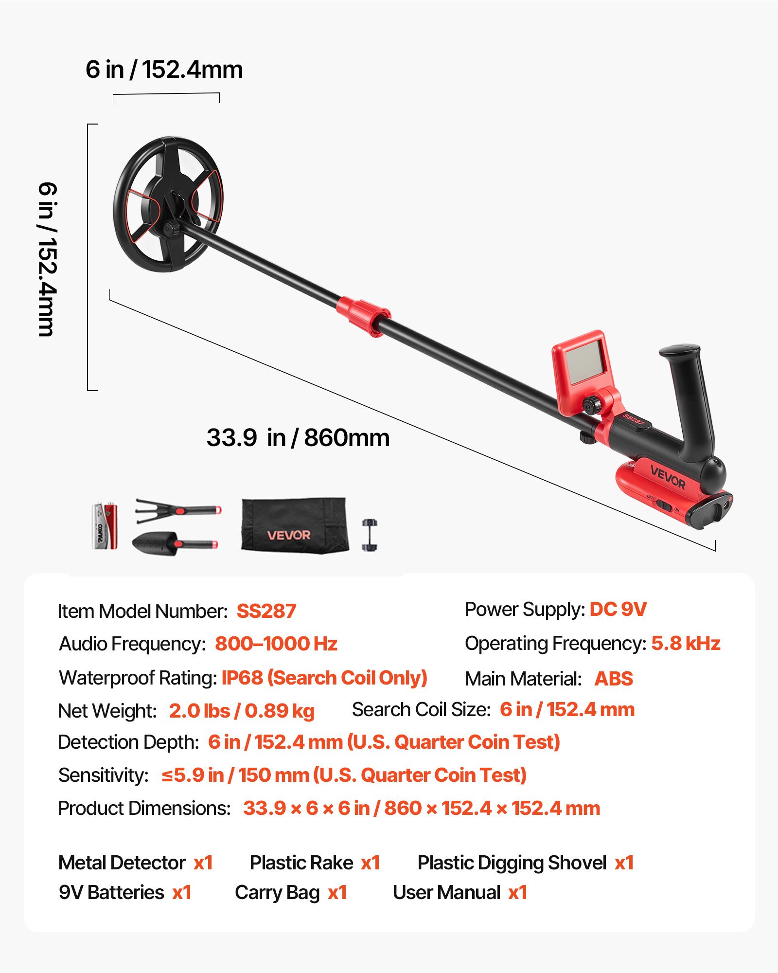 VEVOR Detector de Metales 152,4 mm Ligero con Pantalla de Detección, Bobina de Búsqueda de 152,4 mm Resistente al Agua IP68, Detector para Metales Precisión Alta para Exploración de Monedas, Oro