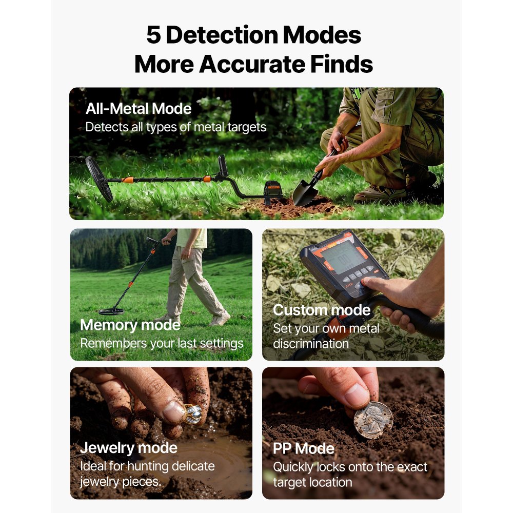 VEVOR Detector de Metales 254 mm Pantalla de Detección Bobina de Búsqueda de 225x285 mm Impermeable IP68 Detector para Metales para Adultos 5 Modos con Auriculares para Exploración de Monedas, Oro