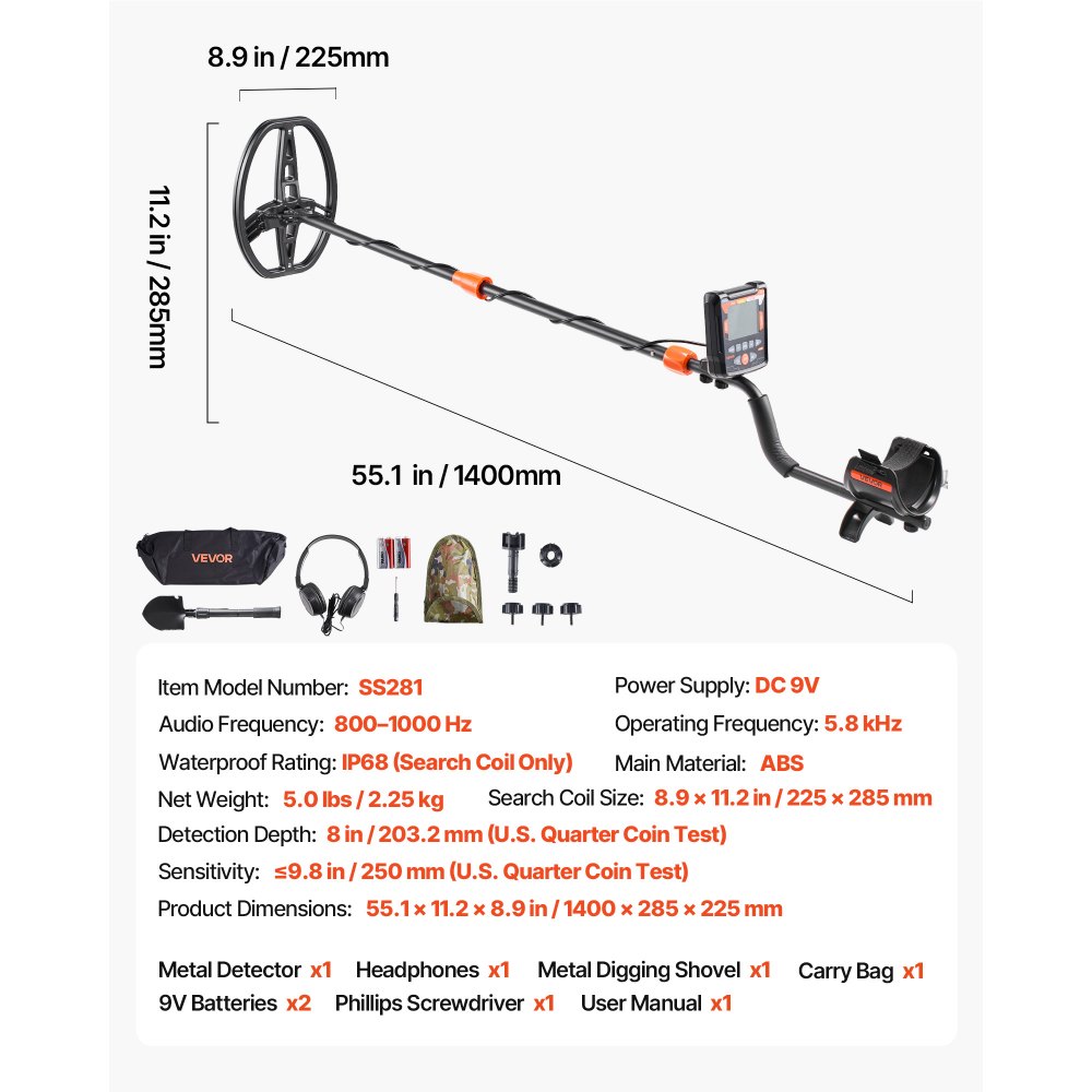 VEVOR Detector de Metales 254 mm Pantalla de Detección Bobina de Búsqueda de 225x285 mm Impermeable IP68 Detector para Metales para Adultos 5 Modos con Auriculares para Exploración de Monedas, Oro