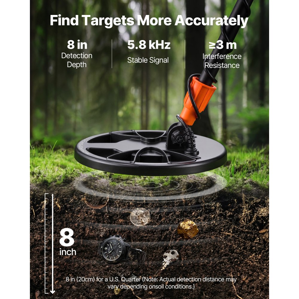 VEVOR Detector de Metales 203,2 mm Pantalla de Detección Bobina de Búsqueda de 203,2 mm Impermeable IP68 Detector para Metales para Adultos 3 Modos con Auriculares para Exploración de Monedas, Oro