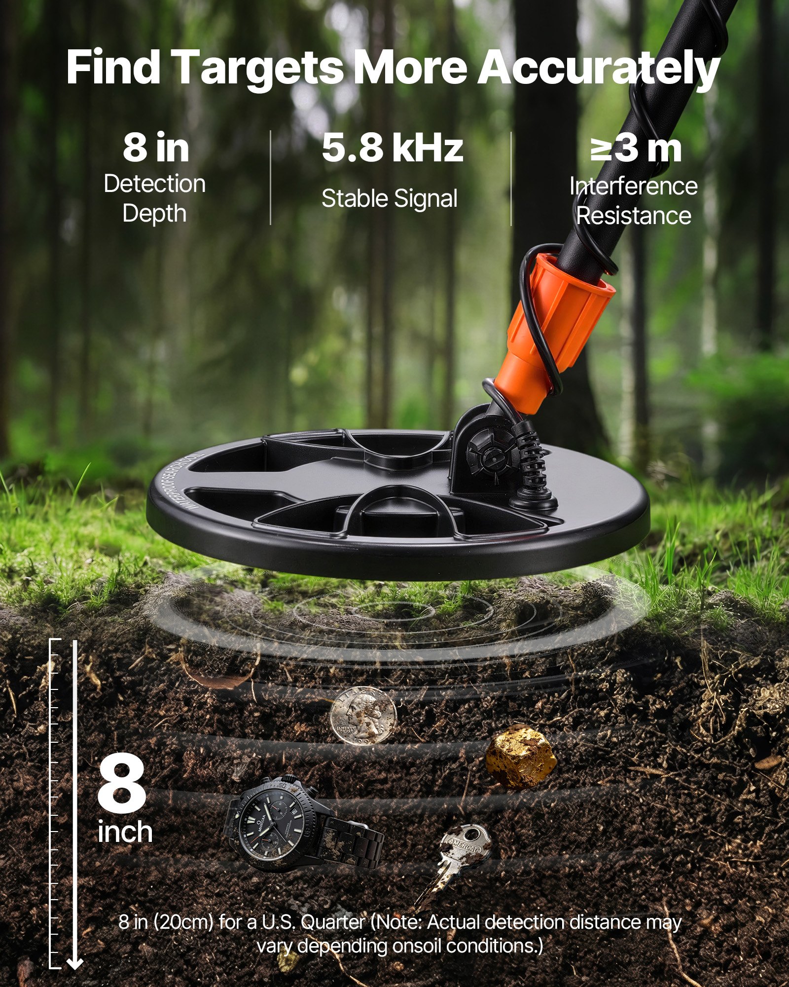 VEVOR Detector de Metales 203,2 mm Pantalla de Detección Bobina de Búsqueda de 203,2 mm Impermeable IP68 Detector para Metales para Adultos 3 Modos con Auriculares para Exploración de Monedas, Oro