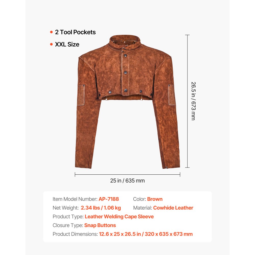 VEVOR Manga de Cuero para Soldar, Resistente al Fuego, de Piel de Vacuno, para Hombre y Mujer, Resistente al Calor, Ideal para Soldadura, Herrería, Carpintería, Talla XXL, 320 x 635 x 673 mm