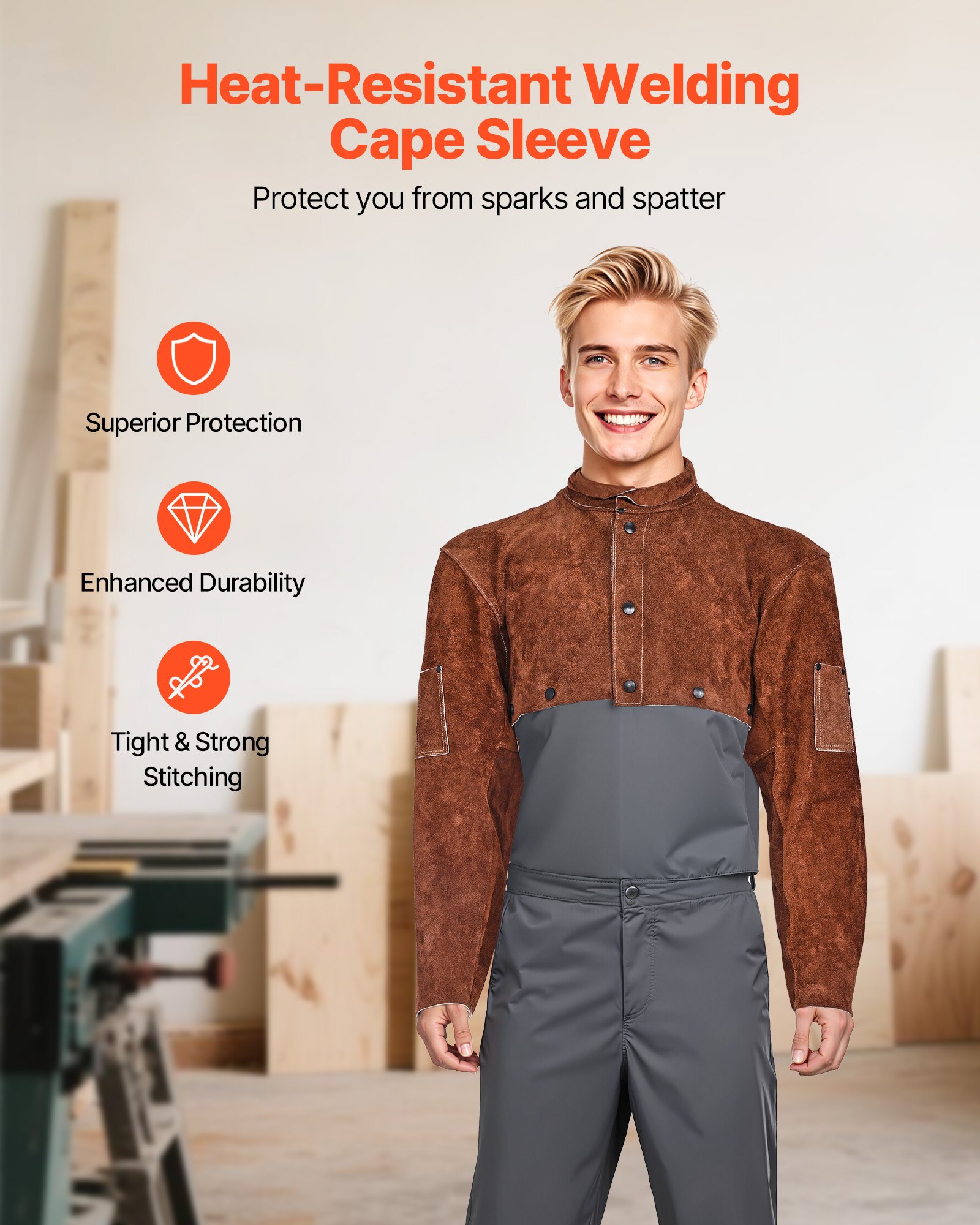 VEVOR Manga de Cuero para Soldar, Resistente al Fuego, de Piel de Vacuno, para Hombre y Mujer, Resistente al Calor, Ideal para Soldadura, Herrería, Carpintería, Talla XXL, 320 x 635 x 673 mm