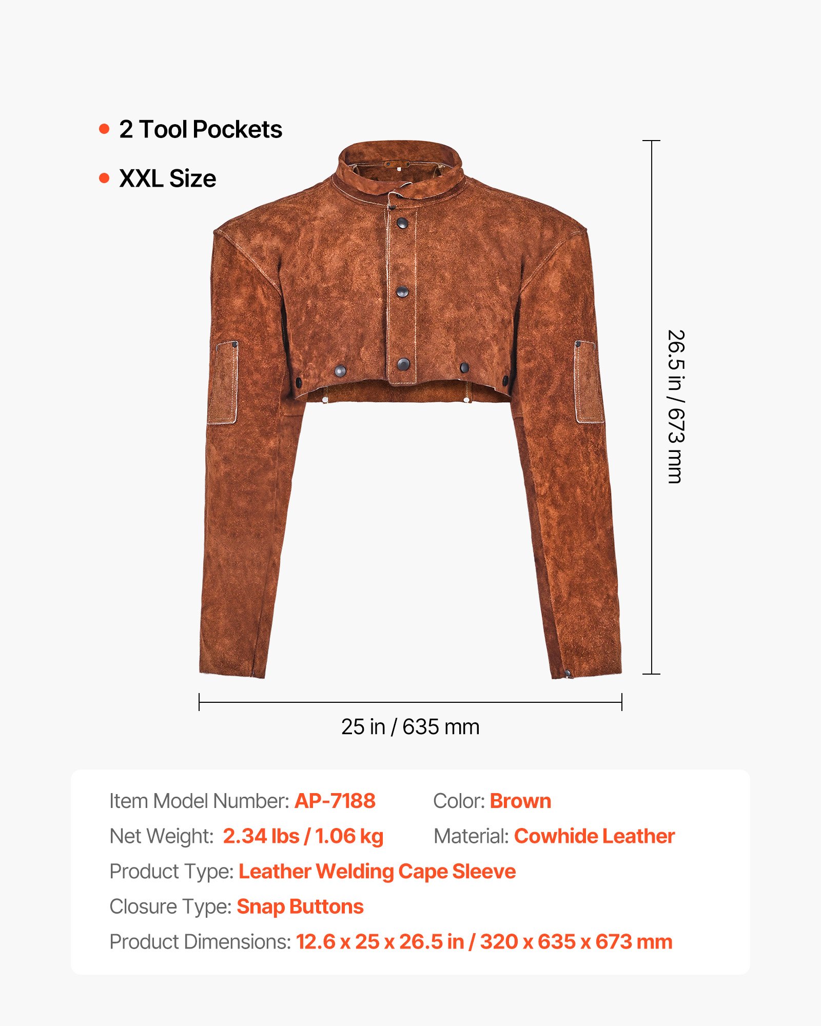 VEVOR Manga de Cuero para Soldar, Resistente al Fuego, de Piel de Vacuno, para Hombre y Mujer, Resistente al Calor, Ideal para Soldadura, Herrería, Carpintería, Talla XXL, 320 x 635 x 673 mm