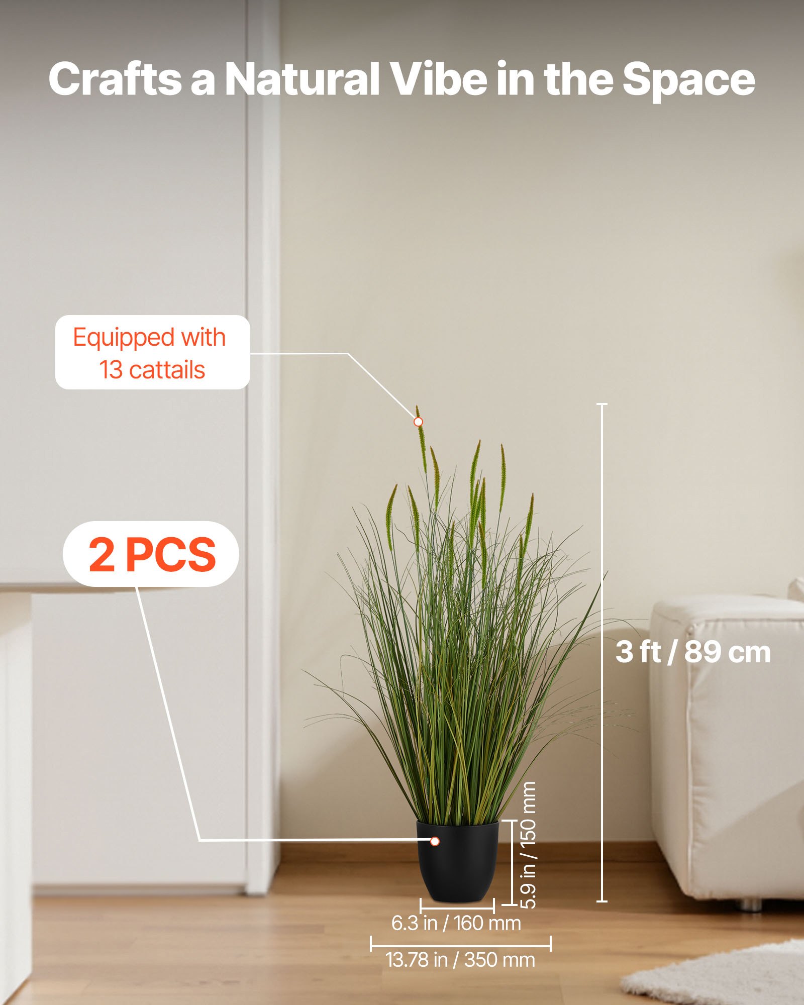 VEVOR Planta de Césped Artificial, en Maceta, Planta Artificial de PVC, Arbustos para Casa, Jardín, Oficina, Decoración de Habitaciones, Fiesta de Inauguración, Verde, 889 x 350 x 350 mm, 2 uds