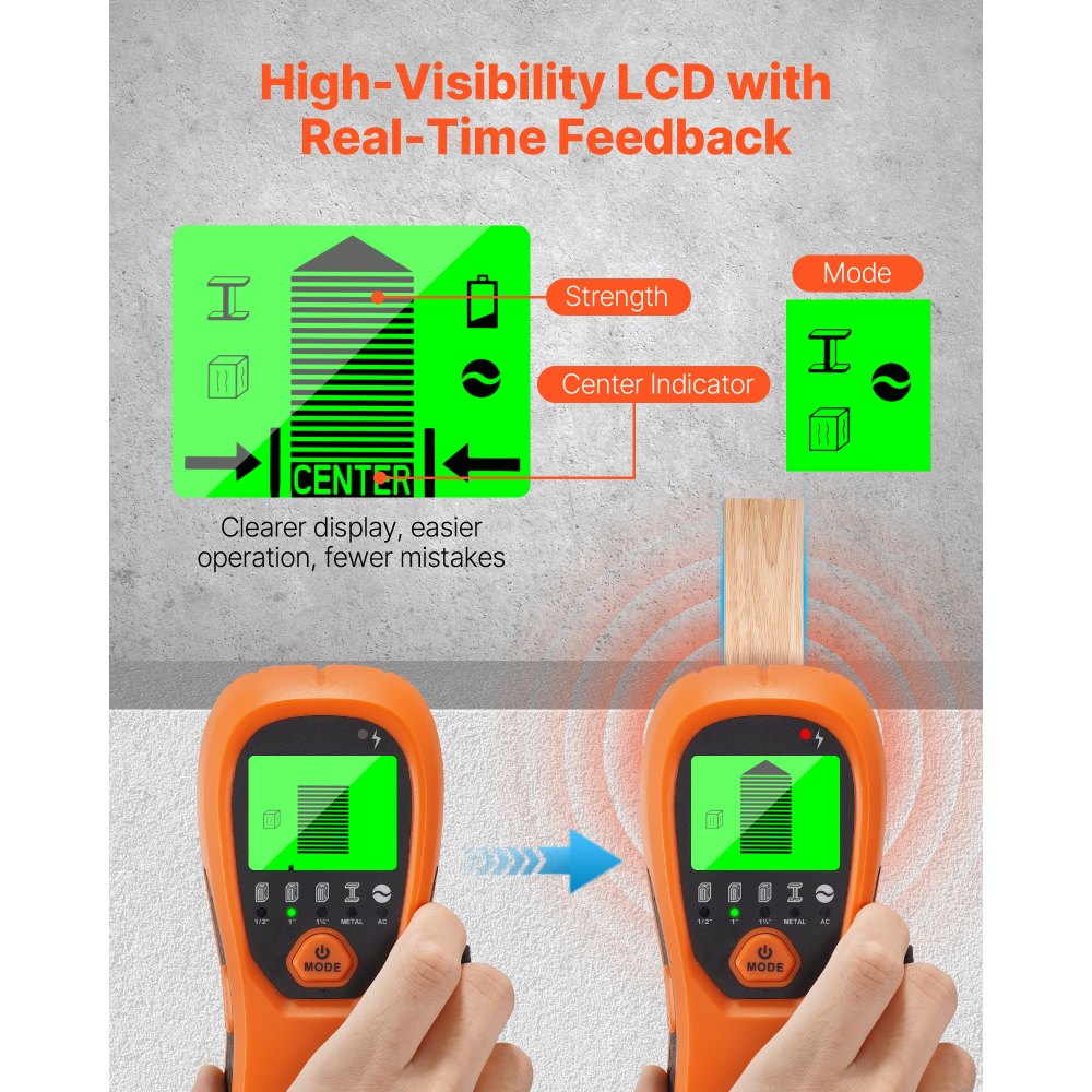 VEVOR Detector Electrónico de Vigas de Pared 5 en 1, con Sensor Inteligente, Pantalla LCD y Alarma Sonora a Detectar Vigas de Madera y Metálicas, Cables Eléctricos, Naranja, 170 x 72 x 37 mm