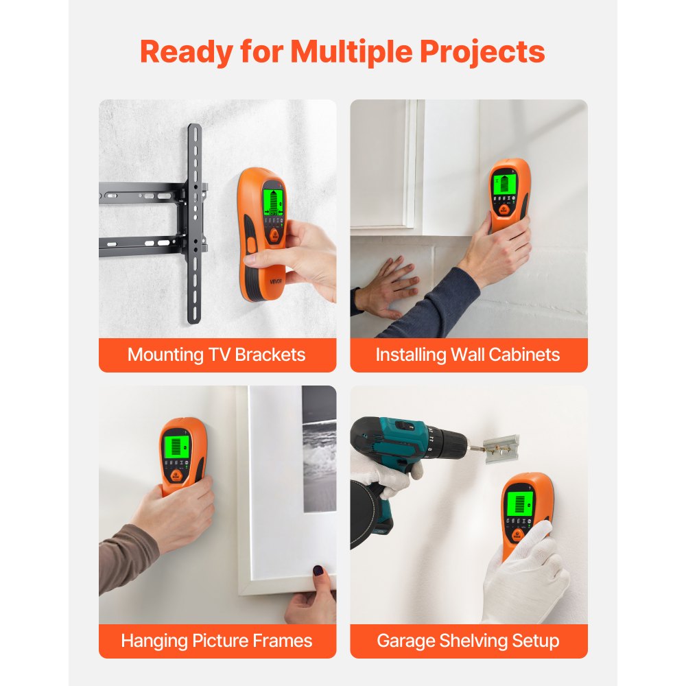VEVOR Detector Electrónico de Vigas de Pared 5 en 1, con Sensor Inteligente, Pantalla LCD y Alarma Sonora a Detectar Vigas de Madera y Metálicas, Cables Eléctricos, Naranja, 170 x 72 x 37 mm