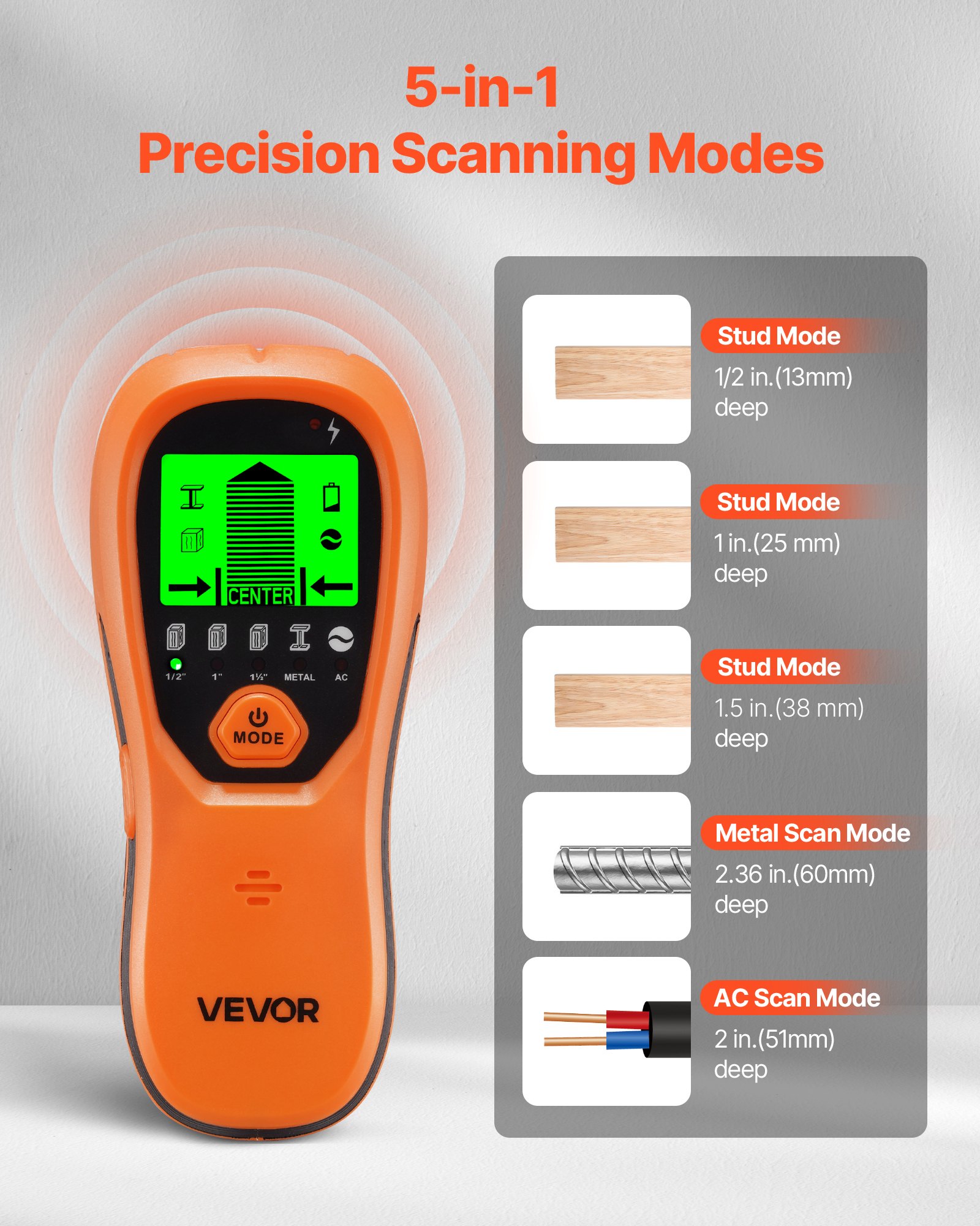 VEVOR Detector Electrónico de Vigas de Pared 5 en 1, con Sensor Inteligente, Pantalla LCD y Alarma Sonora a Detectar Vigas de Madera y Metálicas, Cables Eléctricos, Naranja, 170 x 72 x 37 mm