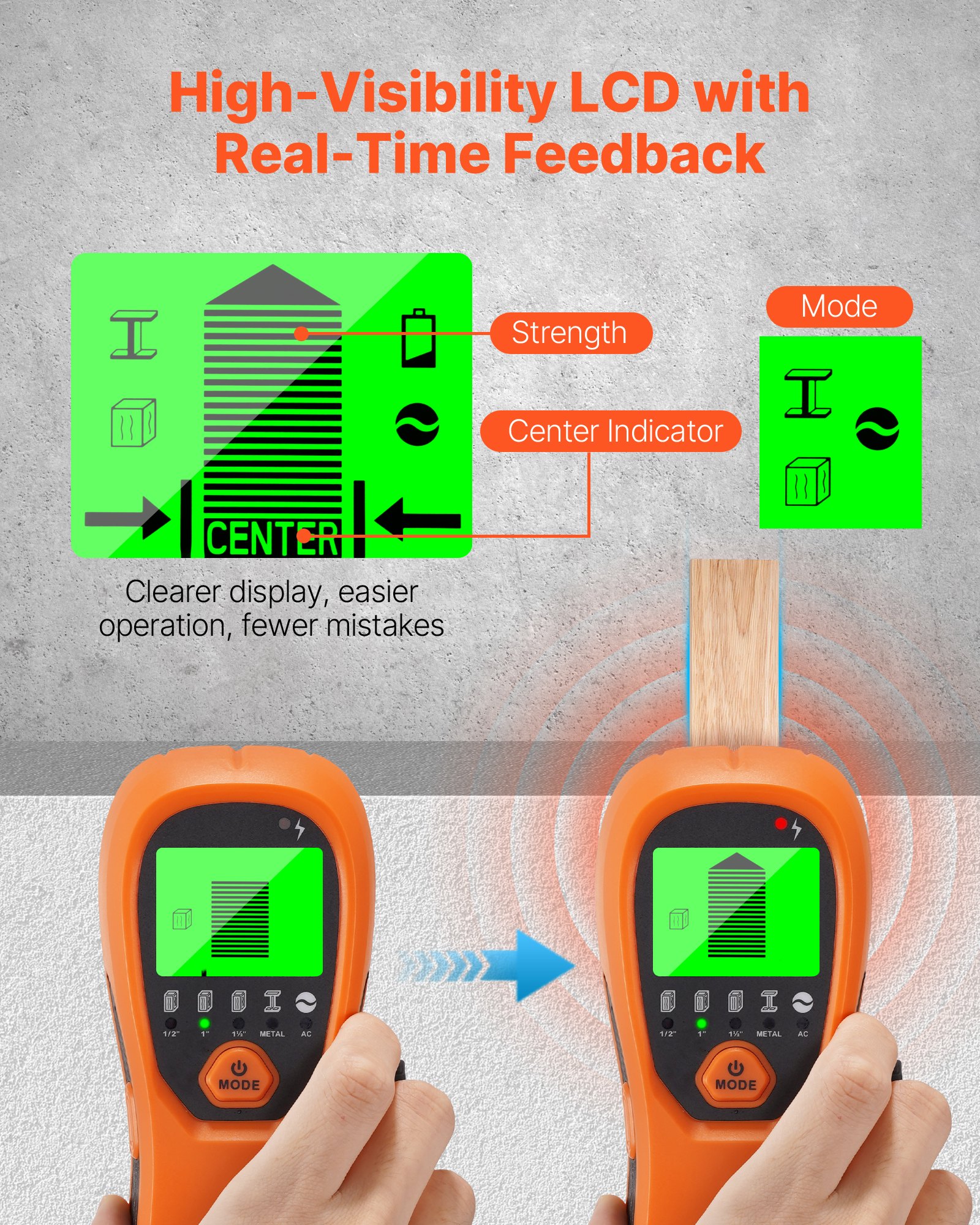 VEVOR Detector Electrónico de Vigas de Pared 5 en 1, con Sensor Inteligente, Pantalla LCD y Alarma Sonora a Detectar Vigas de Madera y Metálicas, Cables Eléctricos, Naranja, 170 x 72 x 37 mm