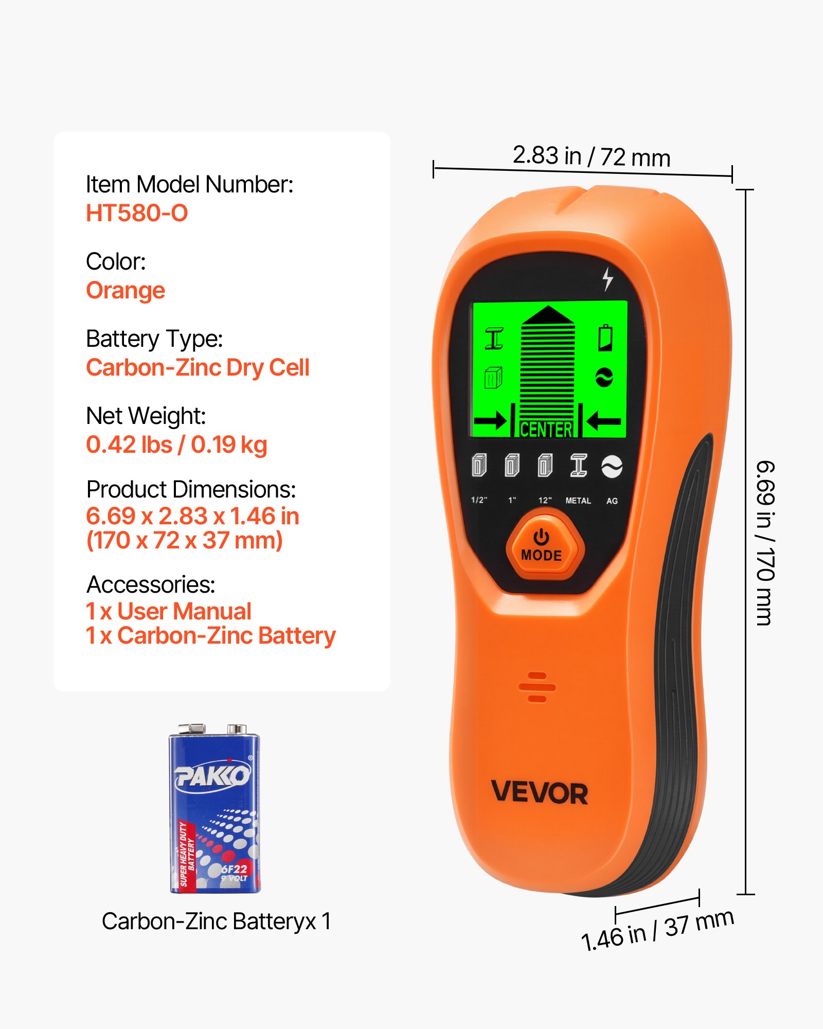 VEVOR Detector Electrónico de Vigas de Pared 5 en 1, con Sensor Inteligente, Pantalla LCD y Alarma Sonora a Detectar Vigas de Madera y Metálicas, Cables Eléctricos, Naranja, 170 x 72 x 37 mm