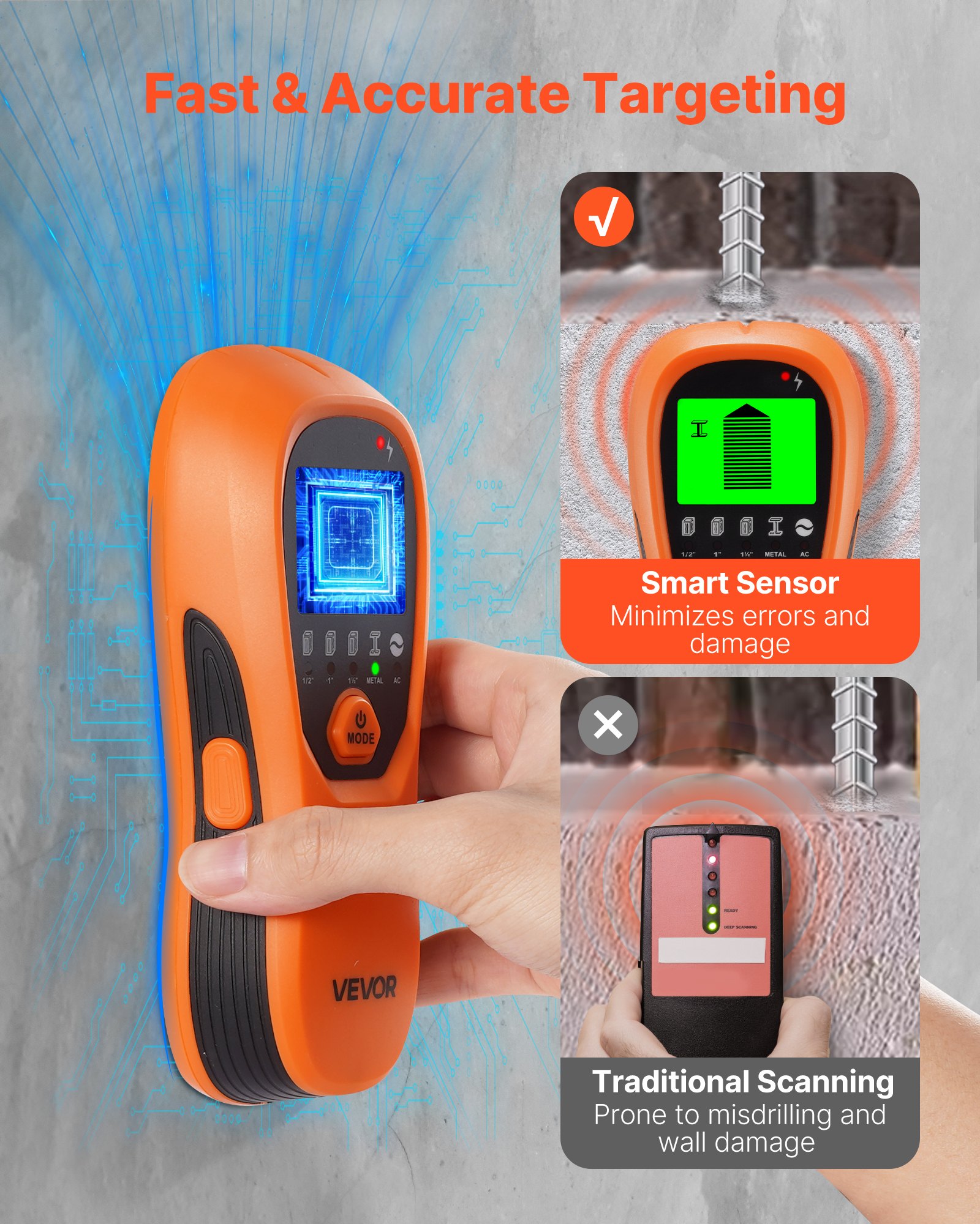 VEVOR Detector Electrónico de Vigas de Pared 5 en 1, con Sensor Inteligente, Pantalla LCD y Alarma Sonora a Detectar Vigas de Madera y Metálicas, Cables Eléctricos, Naranja, 170 x 72 x 37 mm