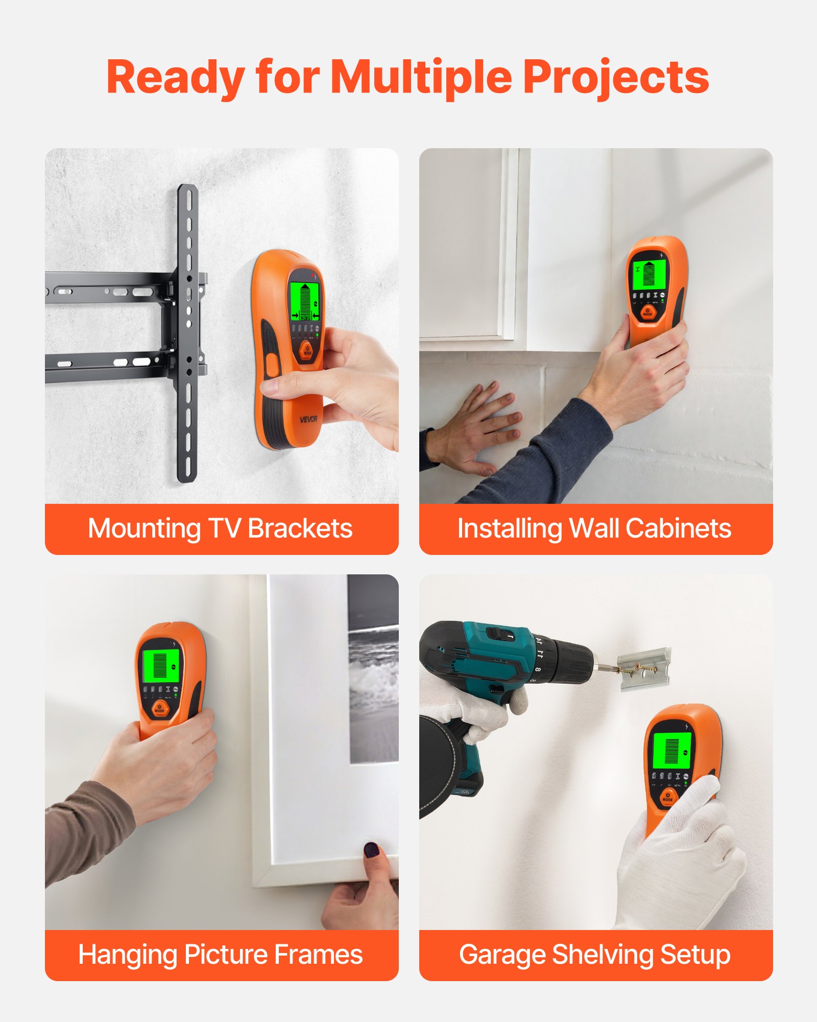 VEVOR Detector Electrónico de Vigas de Pared 5 en 1, con Sensor Inteligente, Pantalla LCD y Alarma Sonora a Detectar Vigas de Madera y Metálicas, Cables Eléctricos, Naranja, 170 x 72 x 37 mm