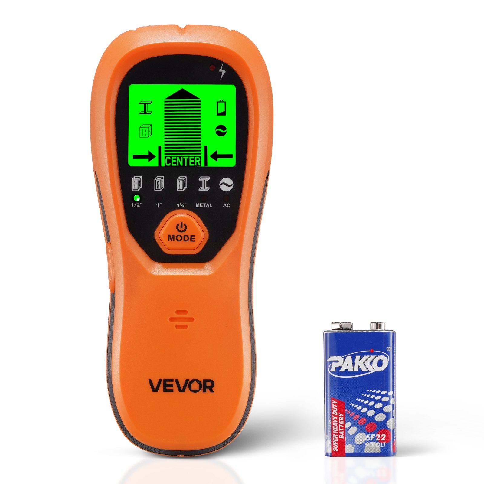 VEVOR Detector Electrónico de Vigas de Pared 5 en 1, con Sensor Inteligente, Pantalla LCD y Alarma Sonora a Detectar Vigas de Madera y Metálicas, Cables Eléctricos, Naranja, 170 x 72 x 37 mm
