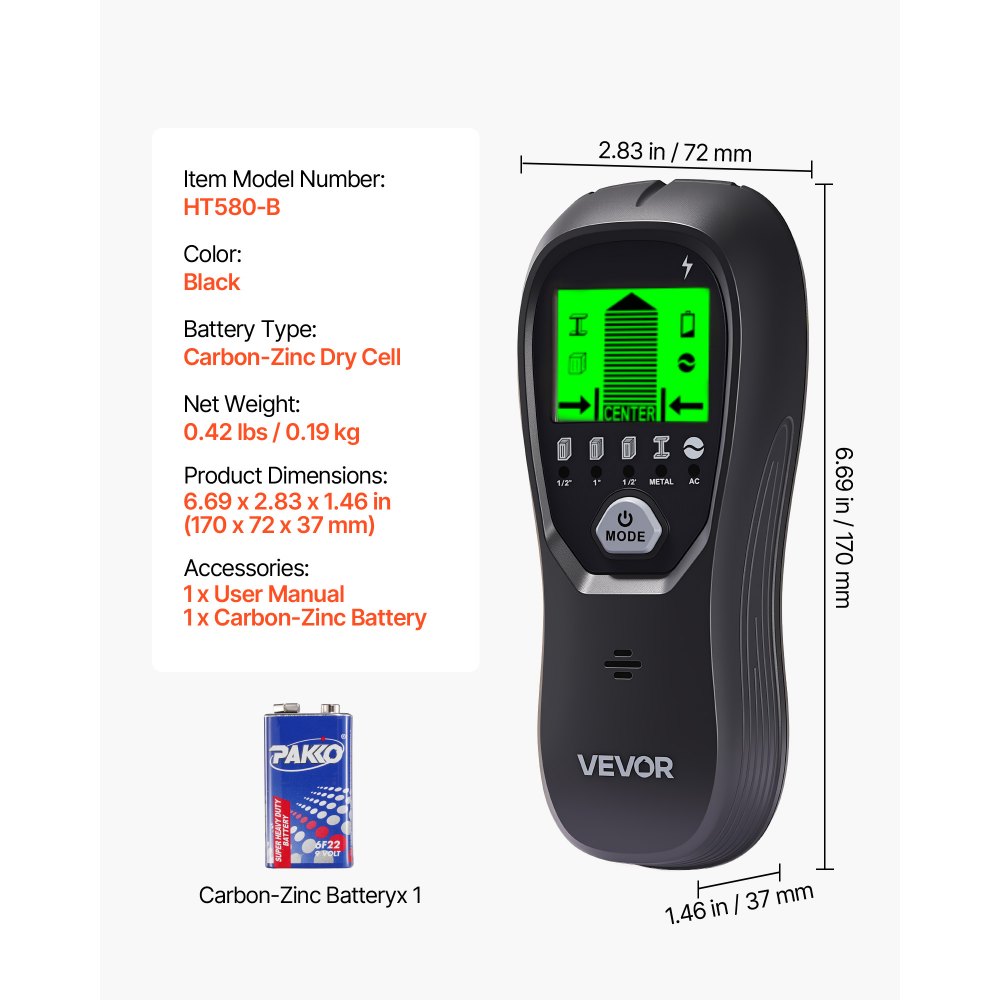 VEVOR Detector Electrónico de Vigas de Pared 5 en 1, con Sensor Inteligente, Pantalla LCD de Alta Definición y Alarma Sonora, Vigas Metálicas y Cables Eléctricos, Color Negro, 170 x 72 x 37 mm