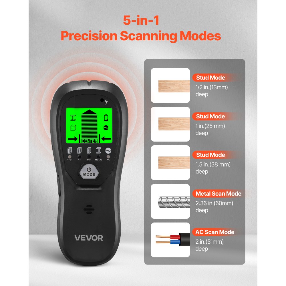 VEVOR Detector Electrónico de Vigas de Pared 5 en 1, con Sensor Inteligente, Pantalla LCD de Alta Definición y Alarma Sonora, Vigas Metálicas y Cables Eléctricos, Color Negro, 170 x 72 x 37 mm