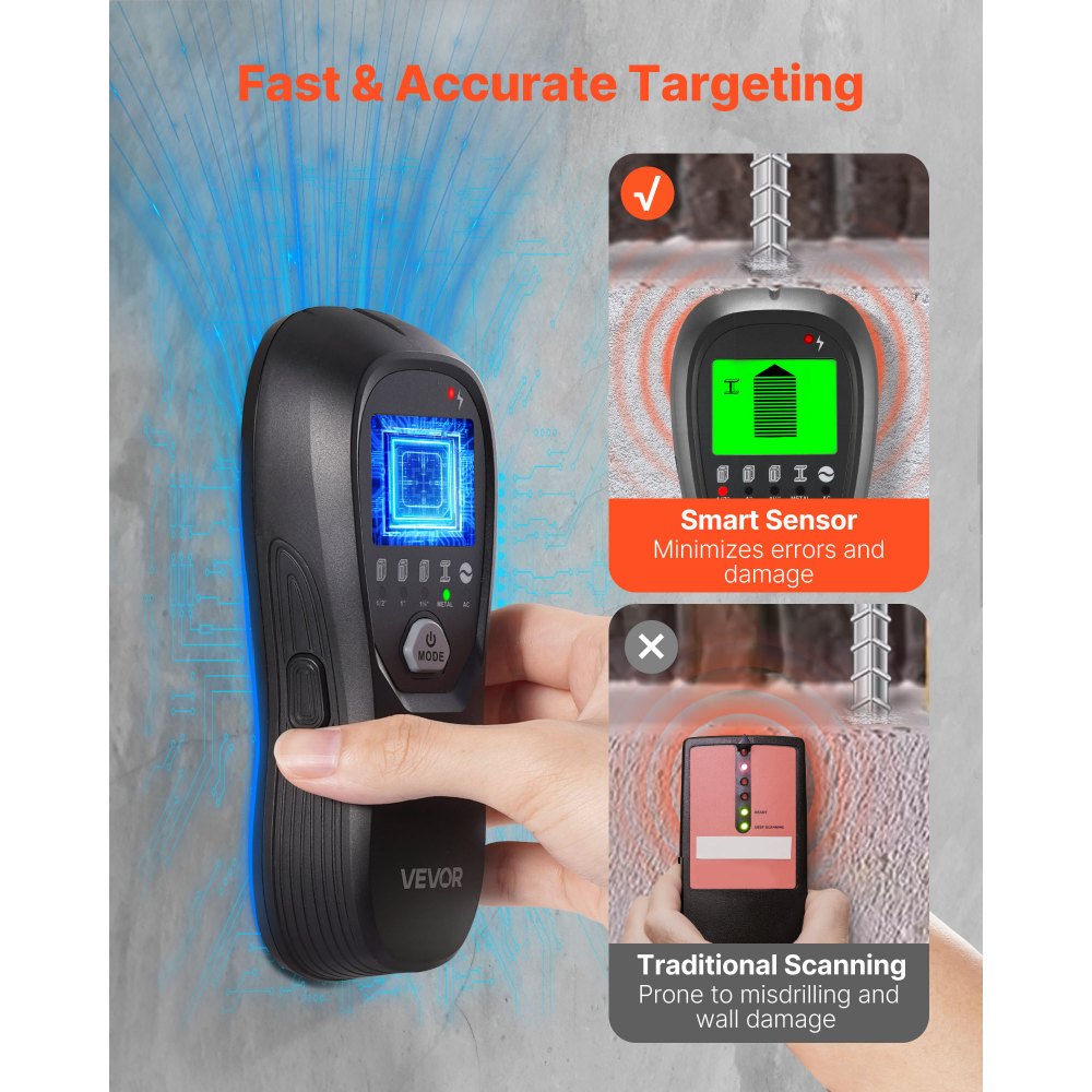 VEVOR Detector Electrónico de Vigas de Pared 5 en 1, con Sensor Inteligente, Pantalla LCD de Alta Definición y Alarma Sonora, Vigas Metálicas y Cables Eléctricos, Color Negro, 170 x 72 x 37 mm