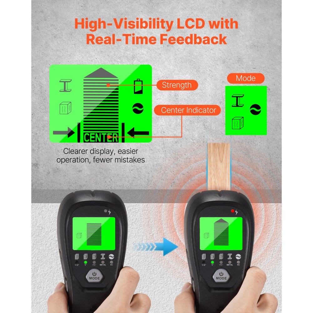 VEVOR Detector Electrónico de Vigas de Pared 5 en 1, con Sensor Inteligente, Pantalla LCD de Alta Definición y Alarma Sonora, Vigas Metálicas y Cables Eléctricos, Color Negro, 170 x 72 x 37 mm