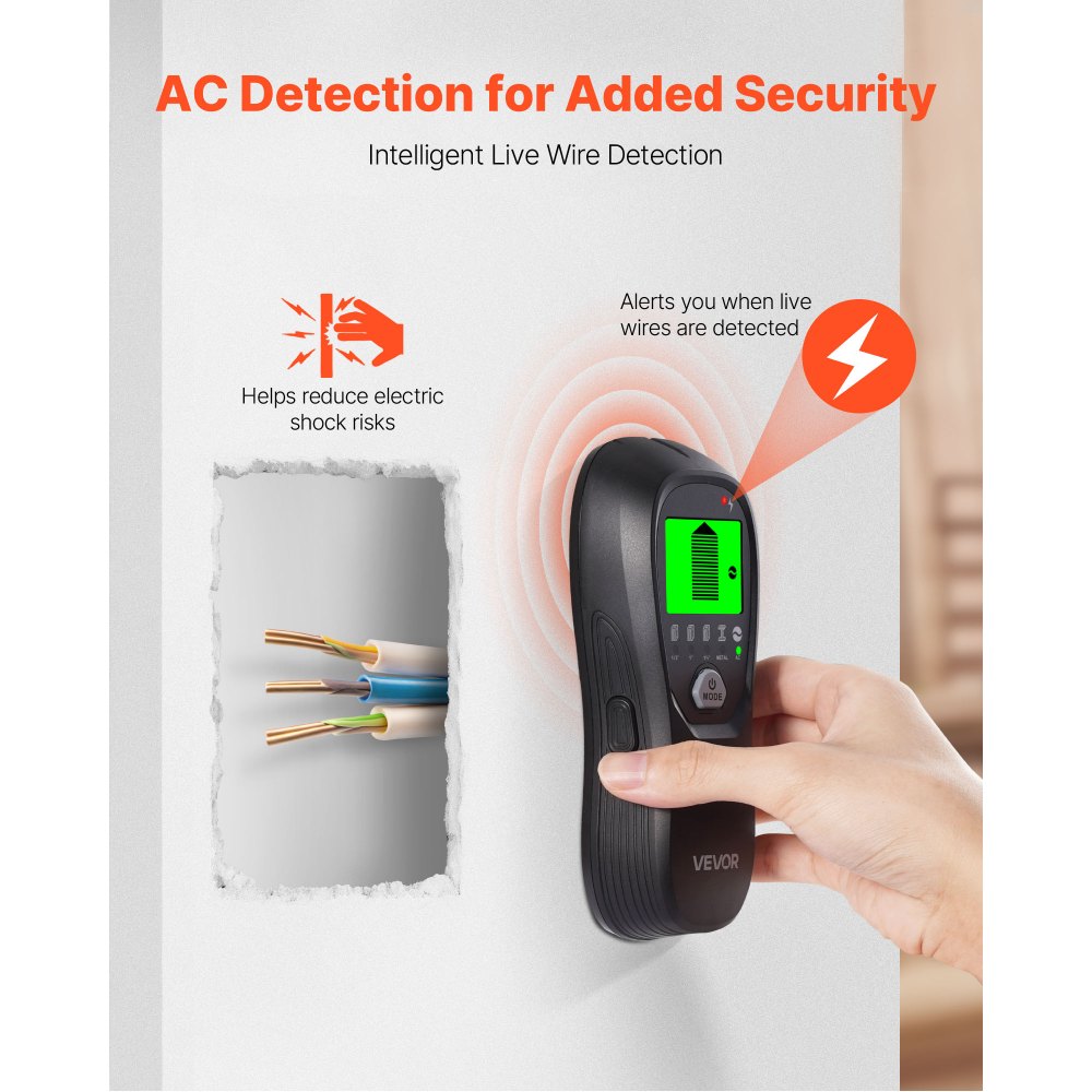 VEVOR Detector Electrónico de Vigas de Pared 5 en 1, con Sensor Inteligente, Pantalla LCD de Alta Definición y Alarma Sonora, Vigas Metálicas y Cables Eléctricos, Color Negro, 170 x 72 x 37 mm