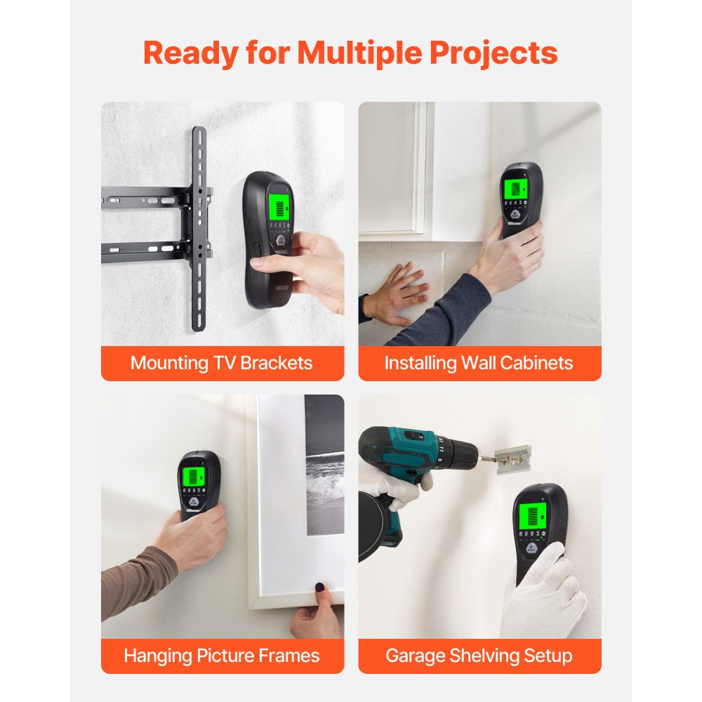 VEVOR Detector Electrónico de Vigas de Pared 5 en 1, con Sensor Inteligente, Pantalla LCD de Alta Definición y Alarma Sonora, Vigas Metálicas y Cables Eléctricos, Color Negro, 170 x 72 x 37 mm