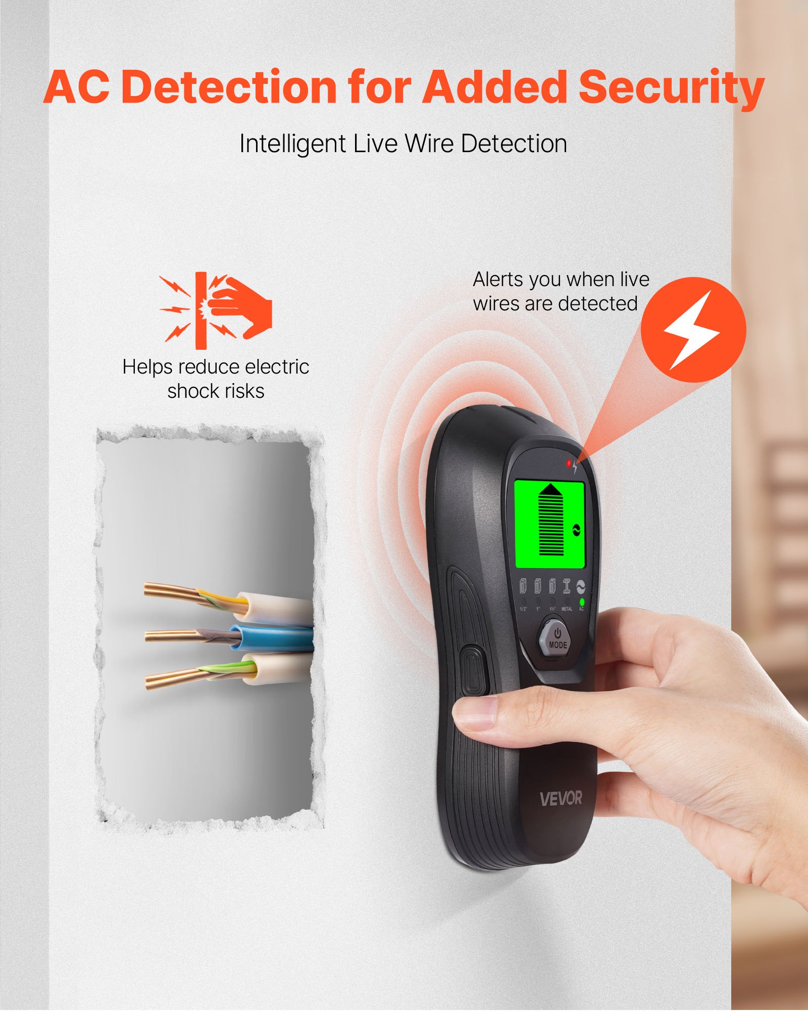 VEVOR Detector Electrónico de Vigas de Pared 5 en 1, con Sensor Inteligente, Pantalla LCD de Alta Definición y Alarma Sonora, Vigas Metálicas y Cables Eléctricos, Color Negro, 170 x 72 x 37 mm